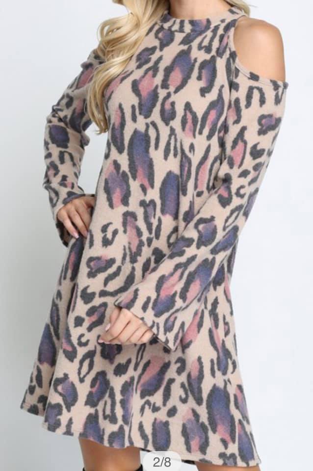 PLUS Leopard Print Cold Shoulder Dress