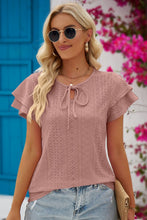 Load image into Gallery viewer, Eyelet Tie-Neck Flutter Sleeve Blouse
