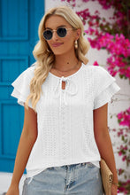 Load image into Gallery viewer, Eyelet Tie-Neck Flutter Sleeve Blouse
